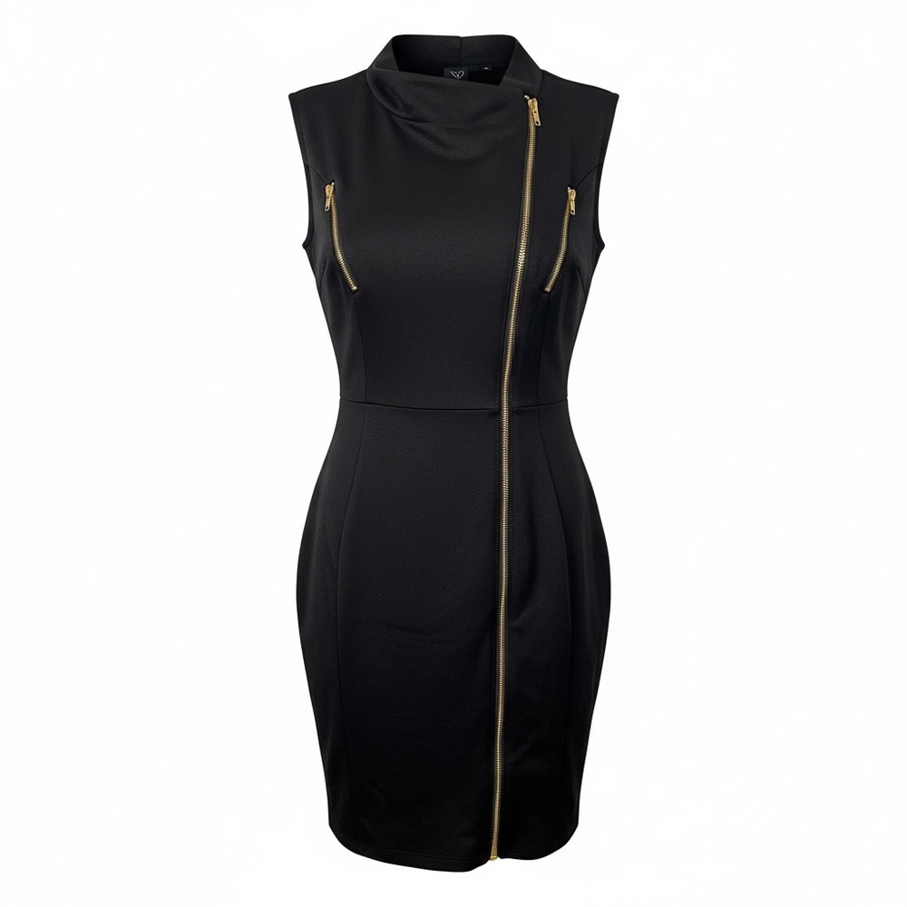 Windsor Moto style bodycon Black Dress with Gold zipper accents